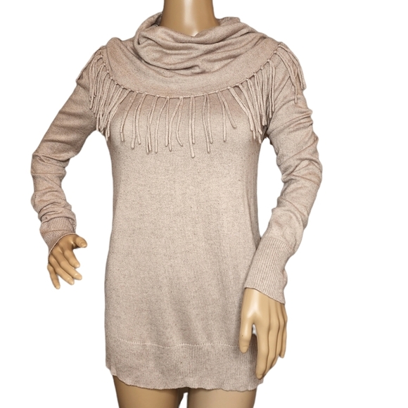 Chelsea & Theodore Wool Blend Beige Sweater Fringe Cowl Neck Size Small - Picture 9 of 15